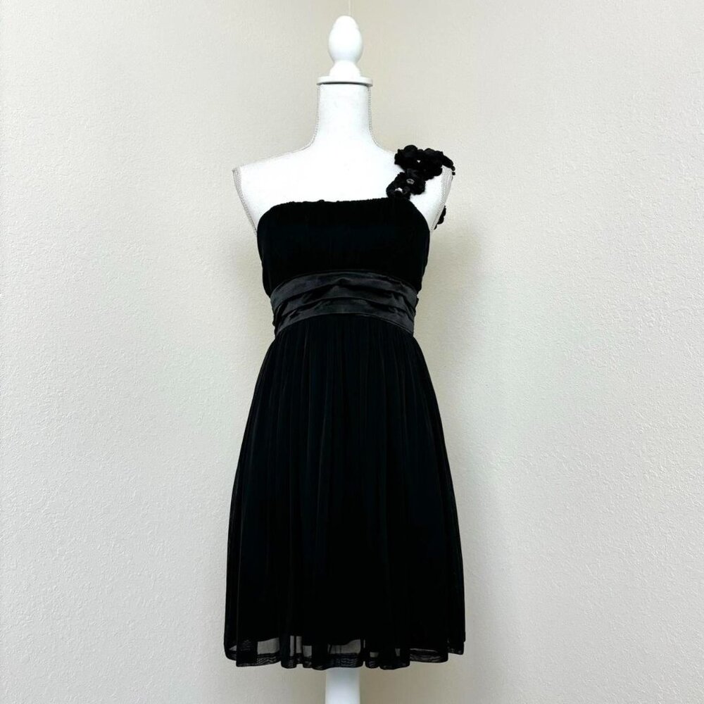 Vintage 2000s black layered empire waist one shoulder dress